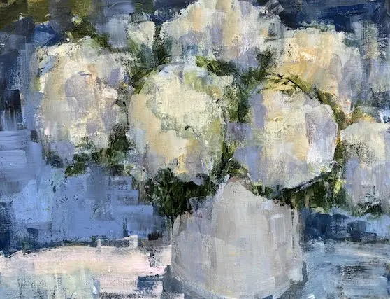 A painting of white flowers in a vase