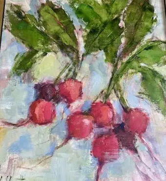 A painting of red cherries on the ground