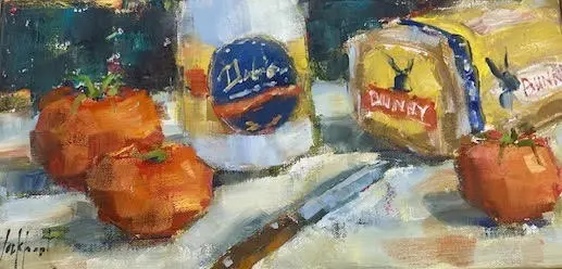 A painting of an orange and a knife