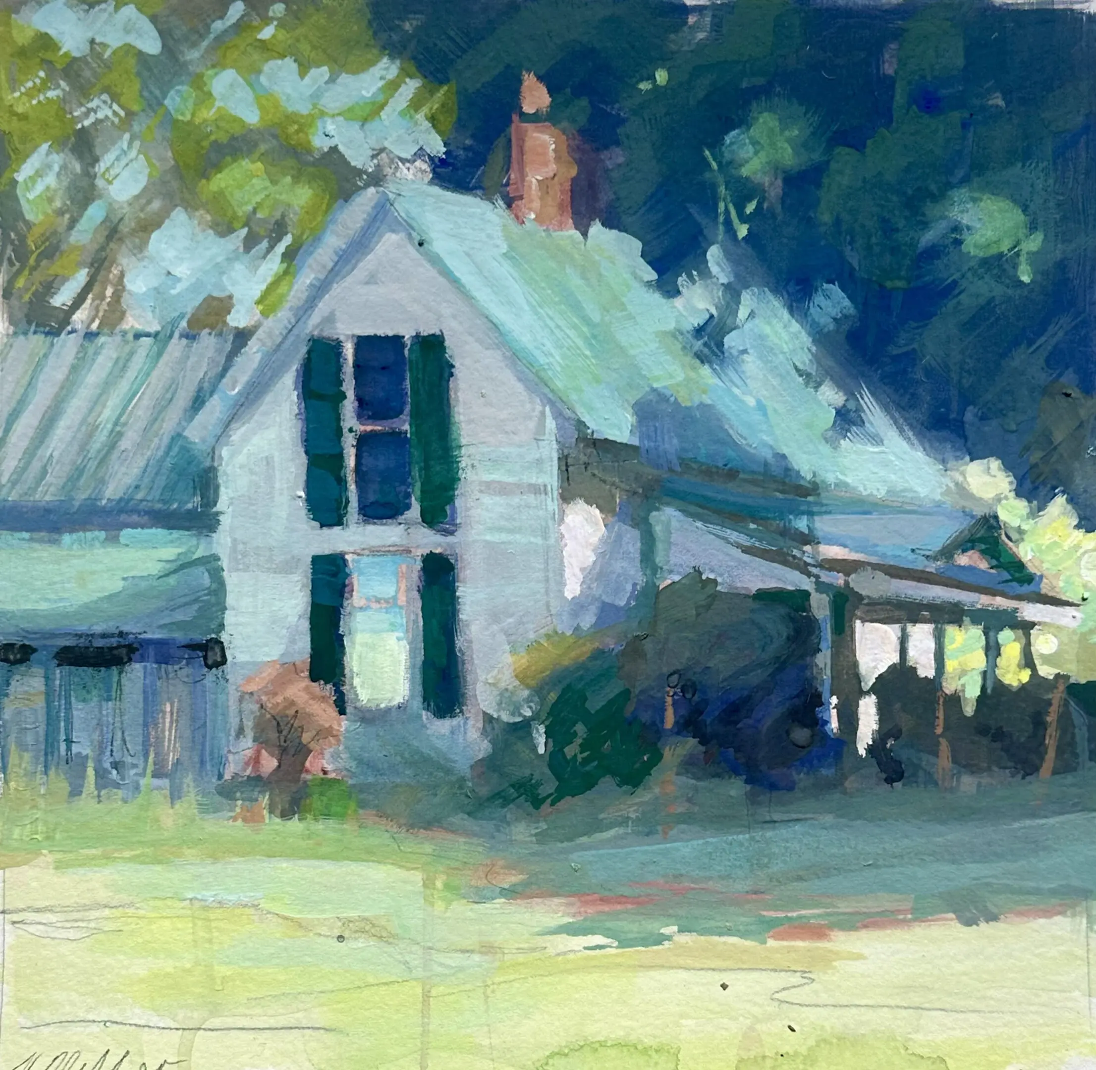 A painting of a house with green shutters