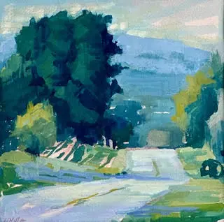 A painting of a road with trees in the background