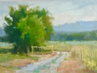 A painting of a dirt road with trees in the background