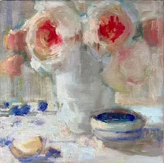 A painting of flowers in a vase and a bowl