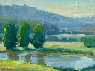 A painting of trees and water in the foreground