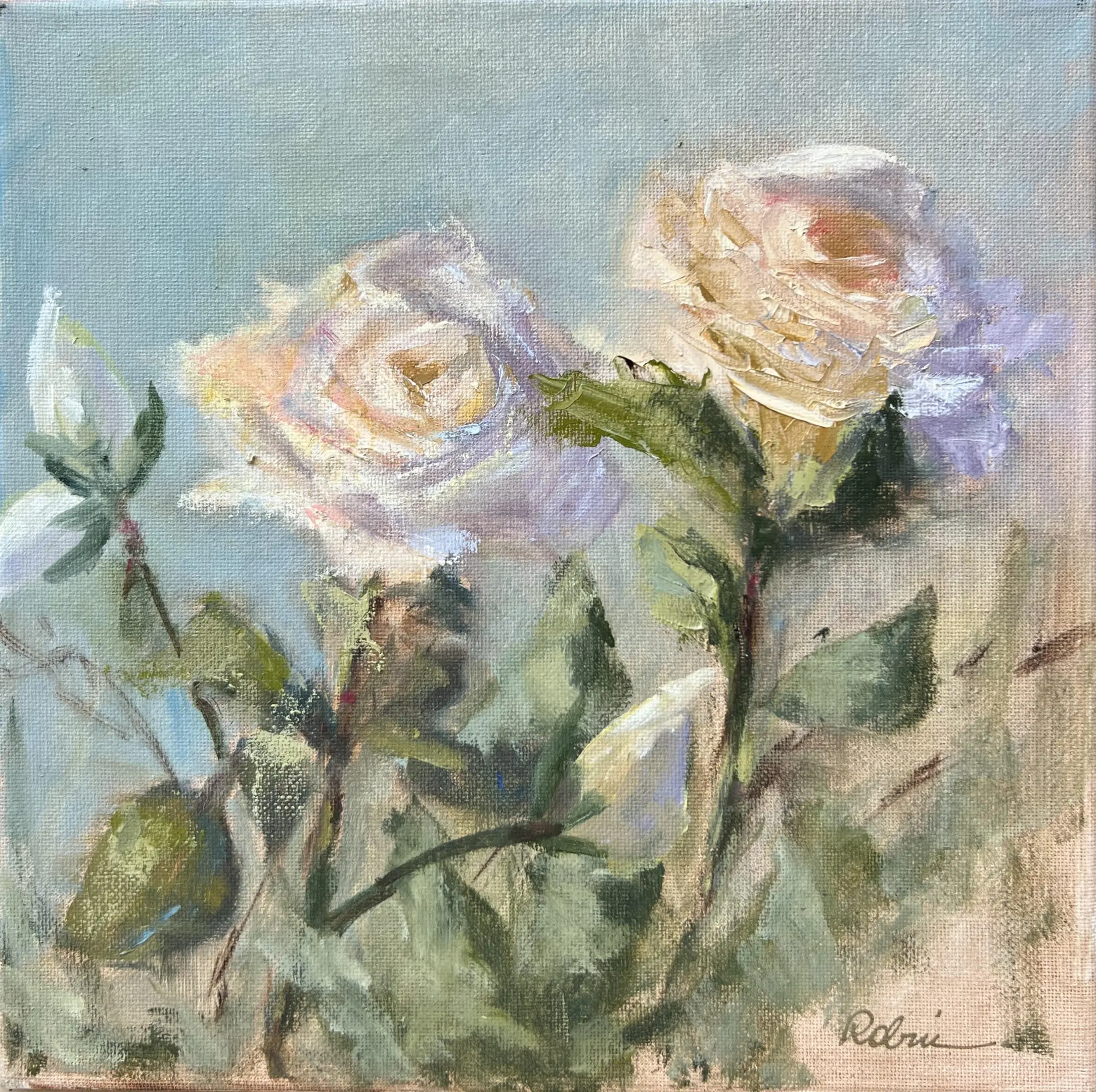 A painting of two white roses in the foreground.