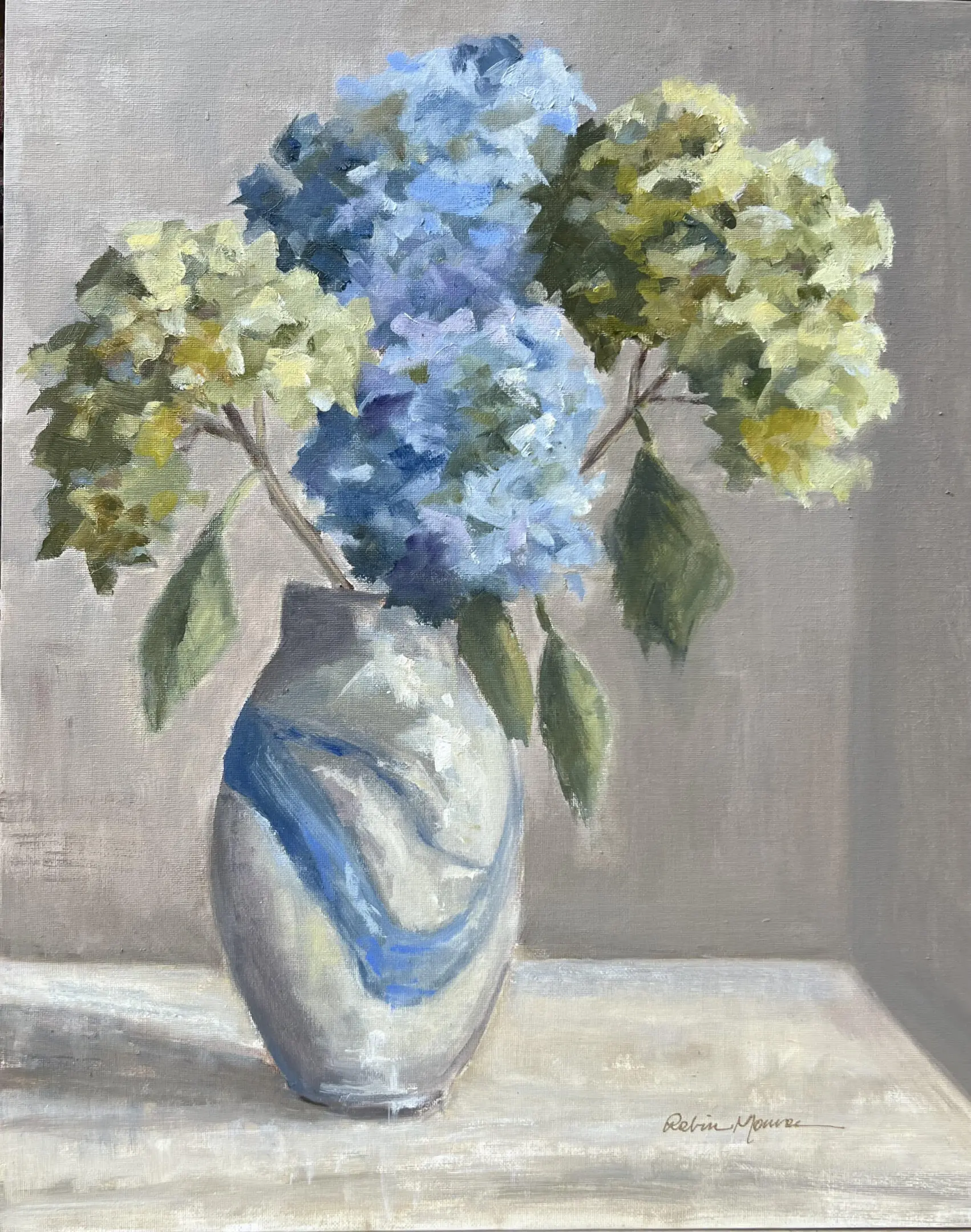 A painting of blue and yellow flowers in a vase.