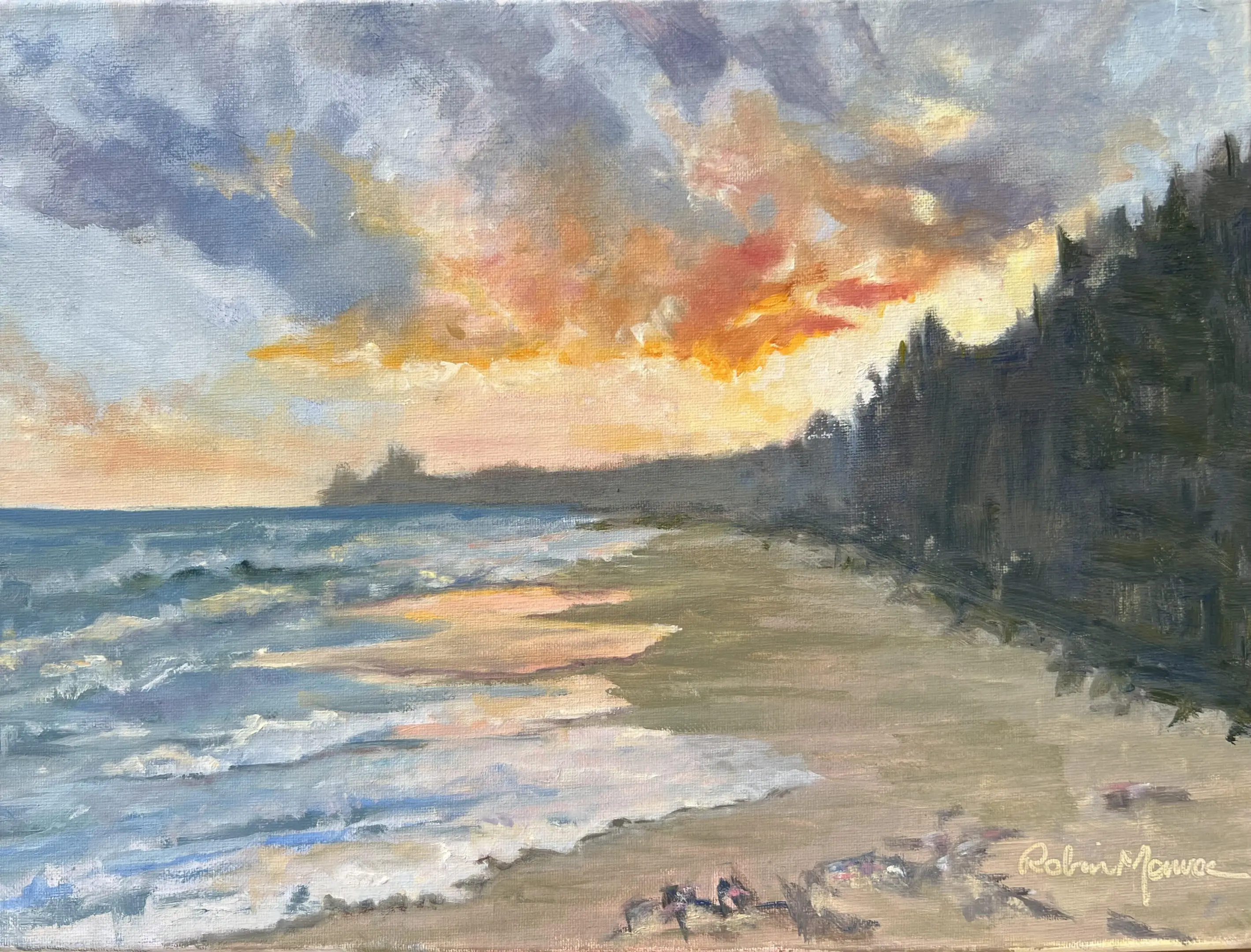 A painting of the ocean and beach at sunset.