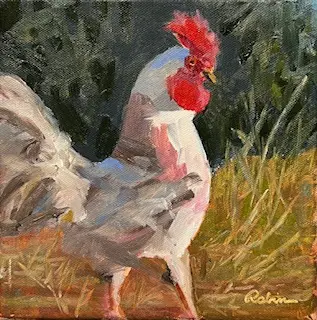 A painting of a rooster in the grass