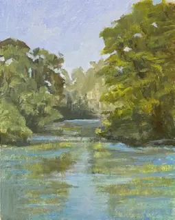 A painting of trees and water in the background