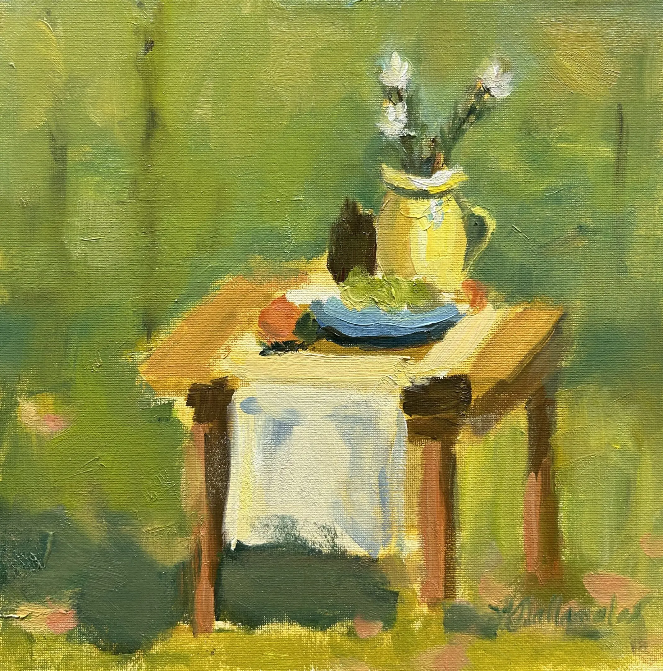 A painting of a table with flowers and a vase