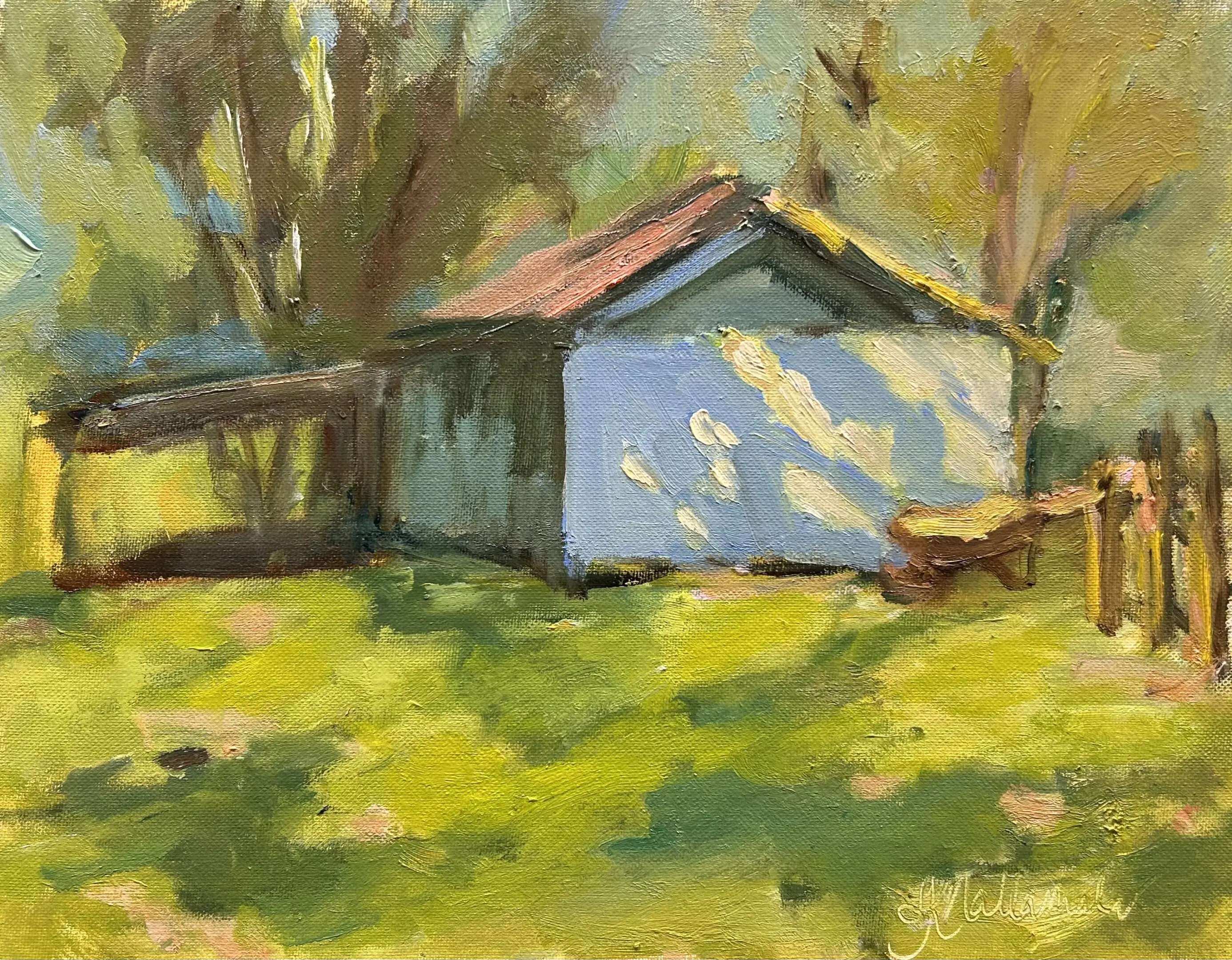 A painting of a blue shed in the middle of a field