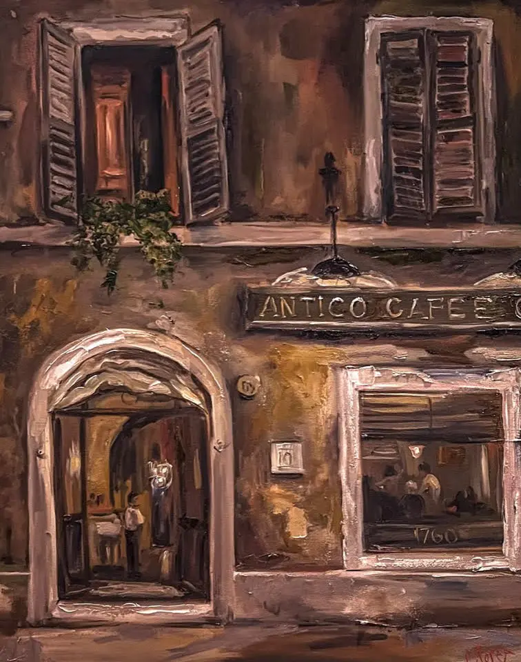 A painting of an old building with a doorway.