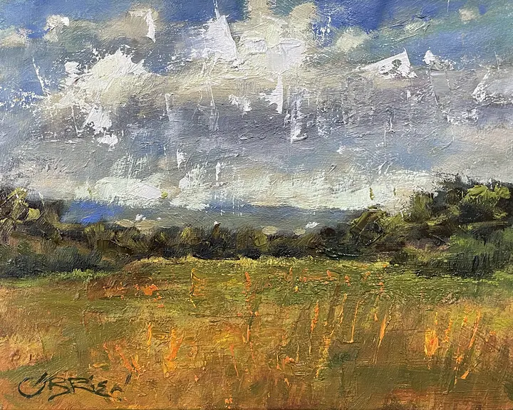 A painting of a field with clouds in the sky.