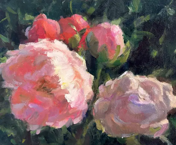 A painting of pink flowers in the grass.