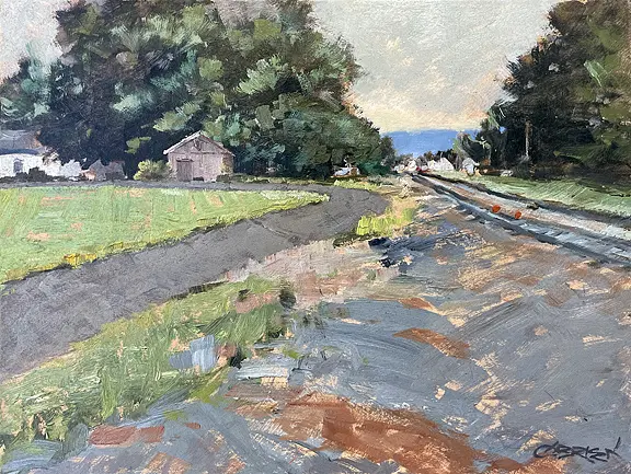 A painting of a road with trees and grass