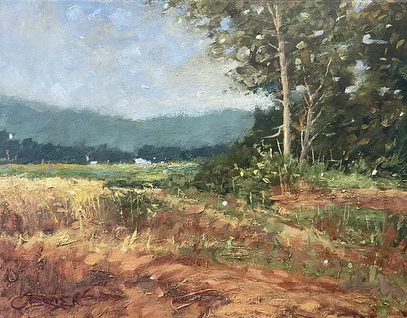 A painting of a field with trees in the background