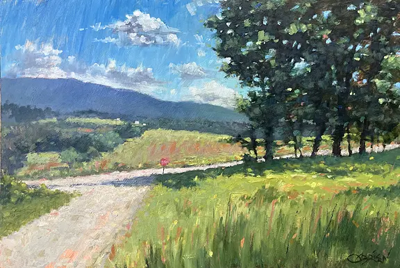 A painting of a road with trees and grass