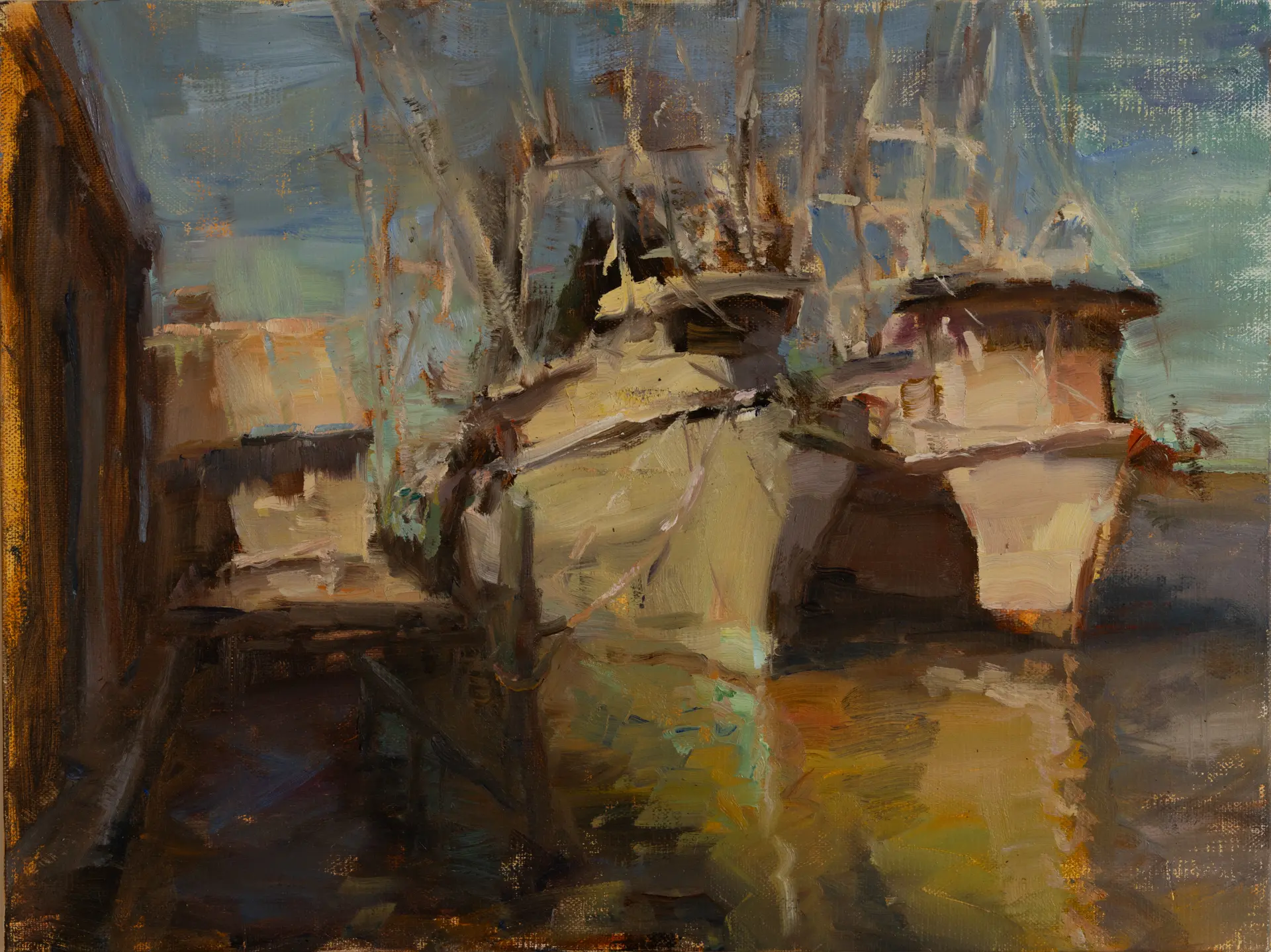 A painting of boats in the water