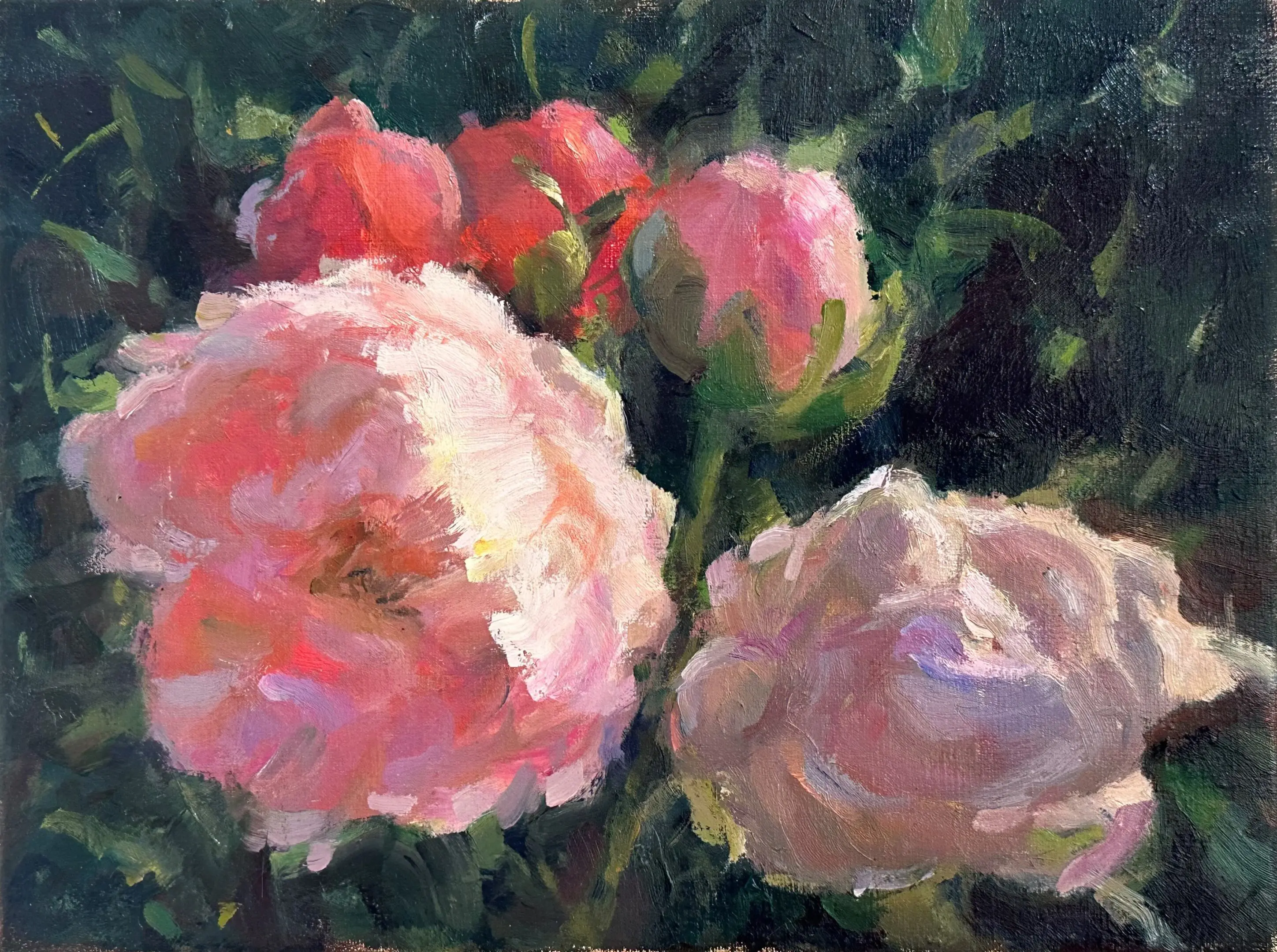 A painting of pink flowers in the grass