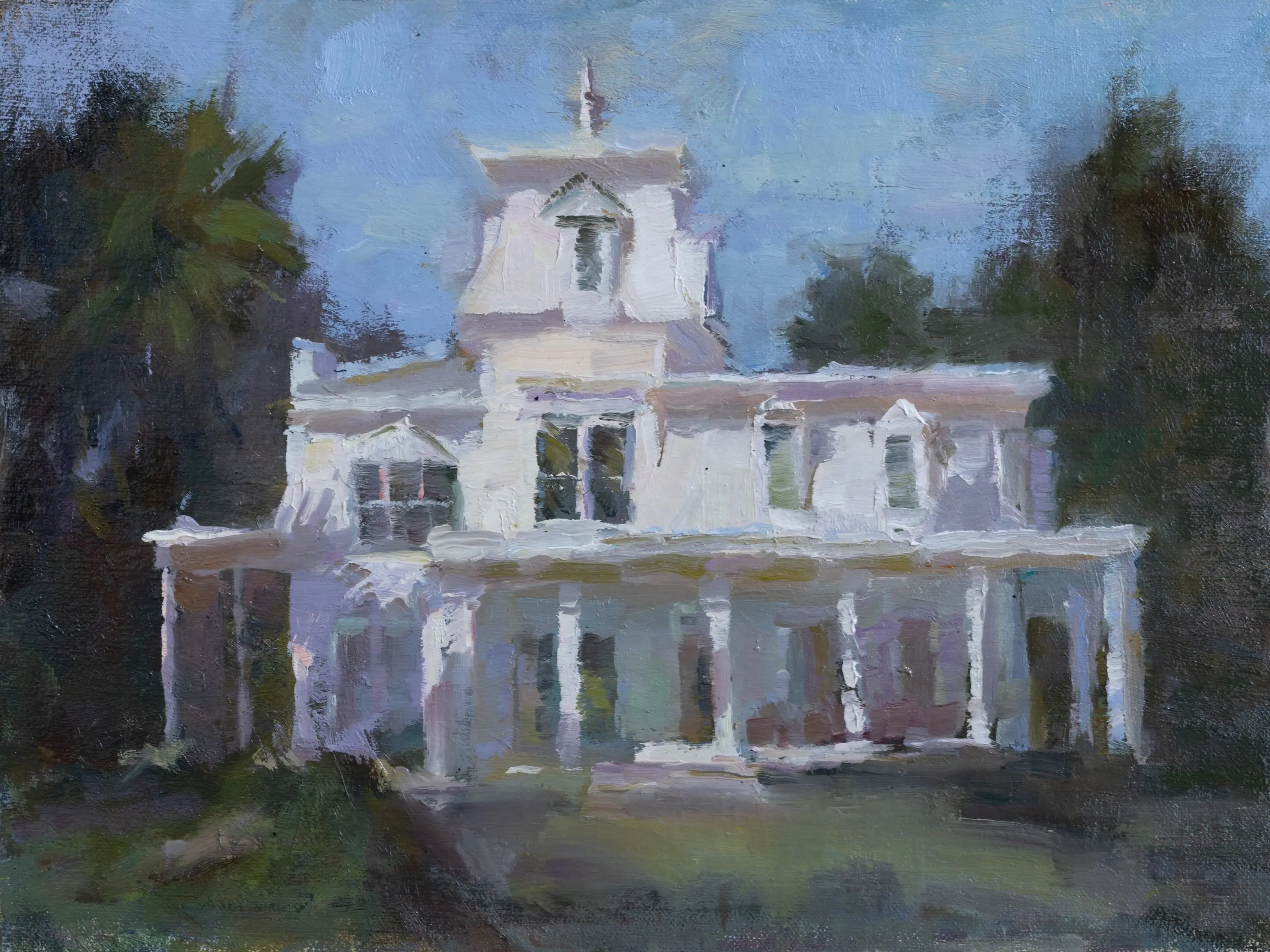 A painting of an old white house with a cross on the top.