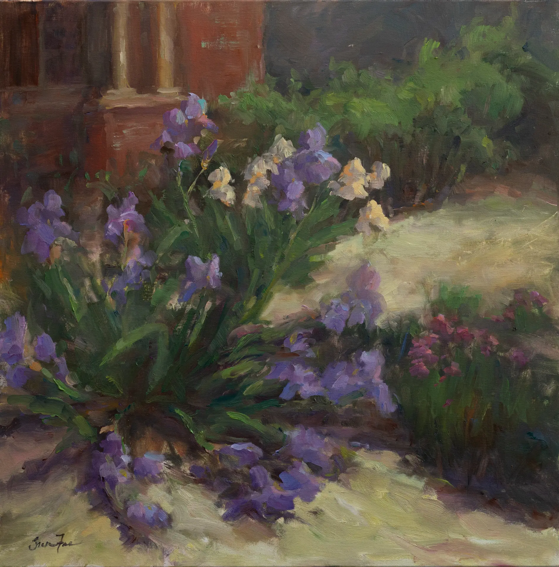 A painting of purple flowers in the grass