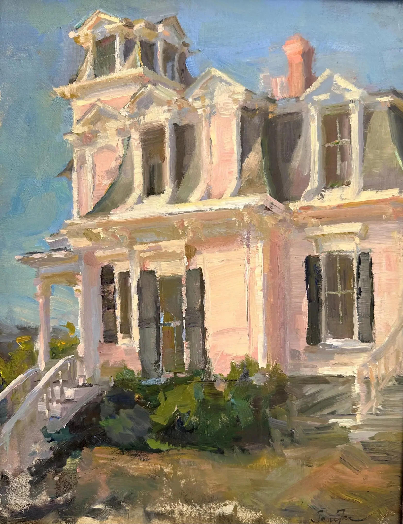 A painting of a pink house with a porch.