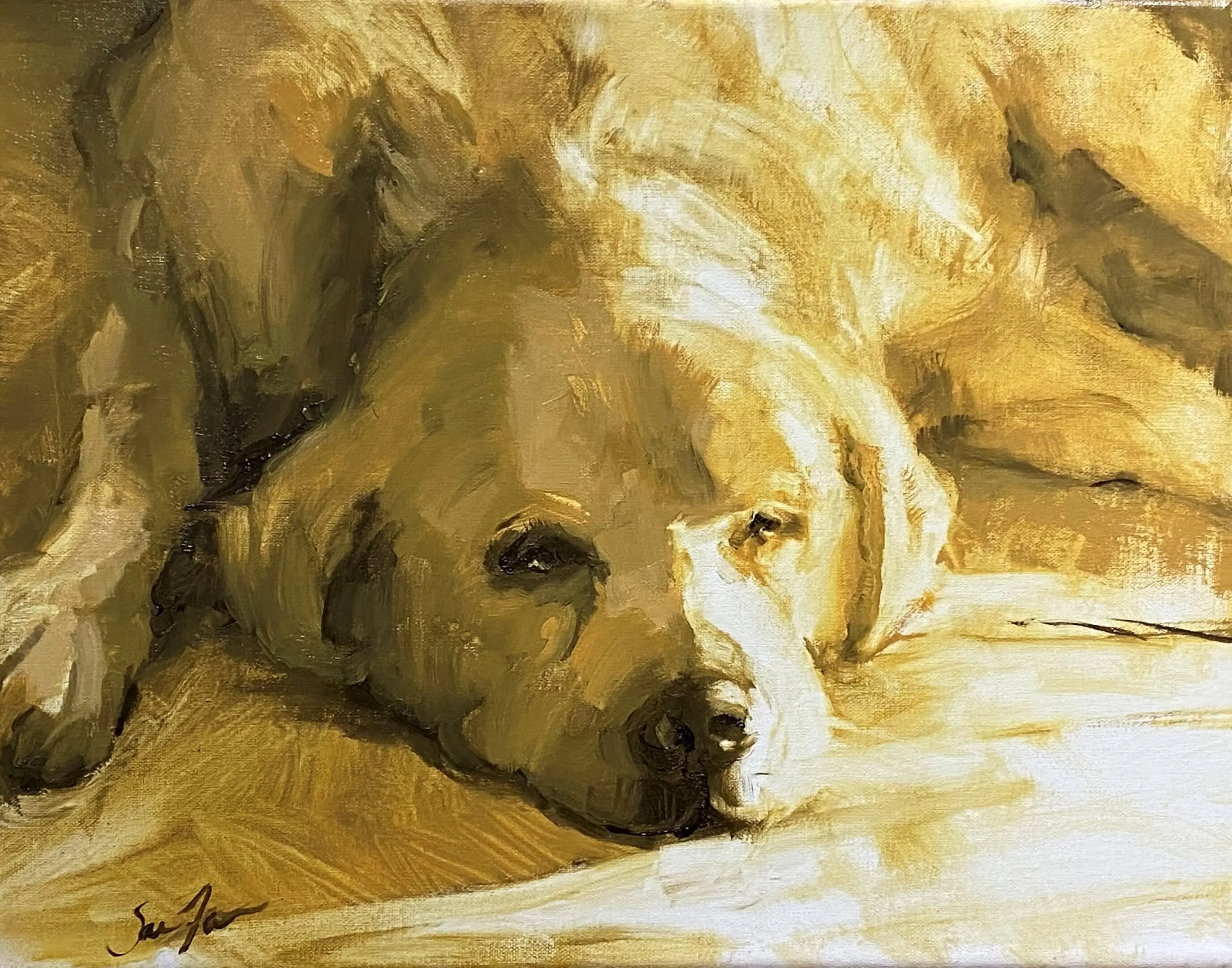 A painting of a dog laying on the ground