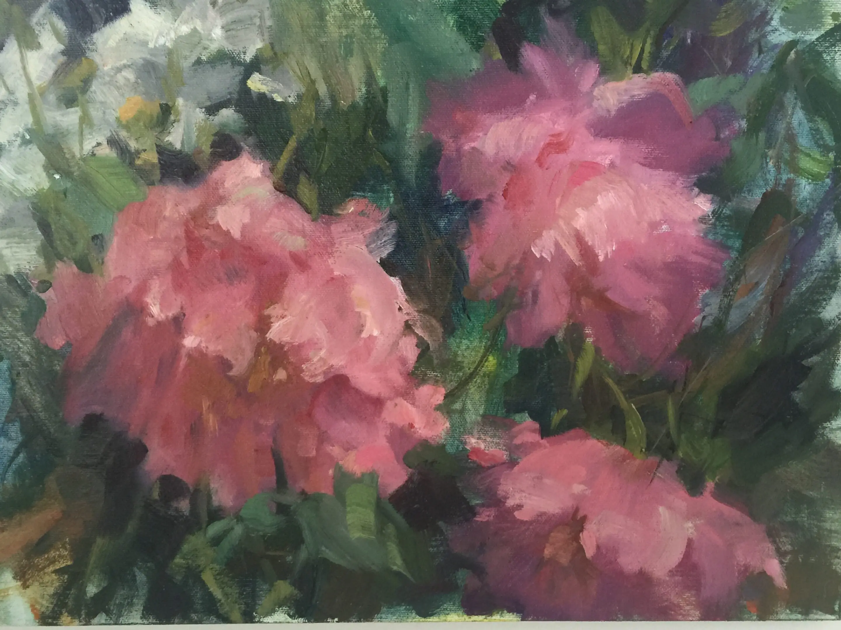 A painting of pink flowers in the grass.