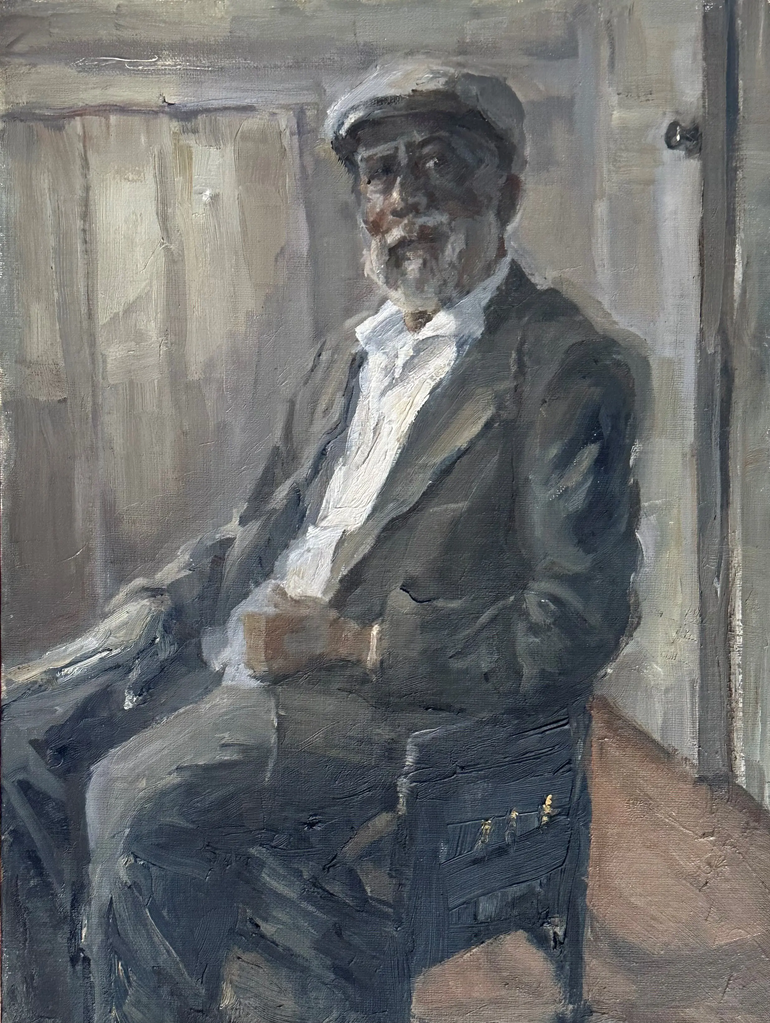 A painting of an old man sitting in a chair.