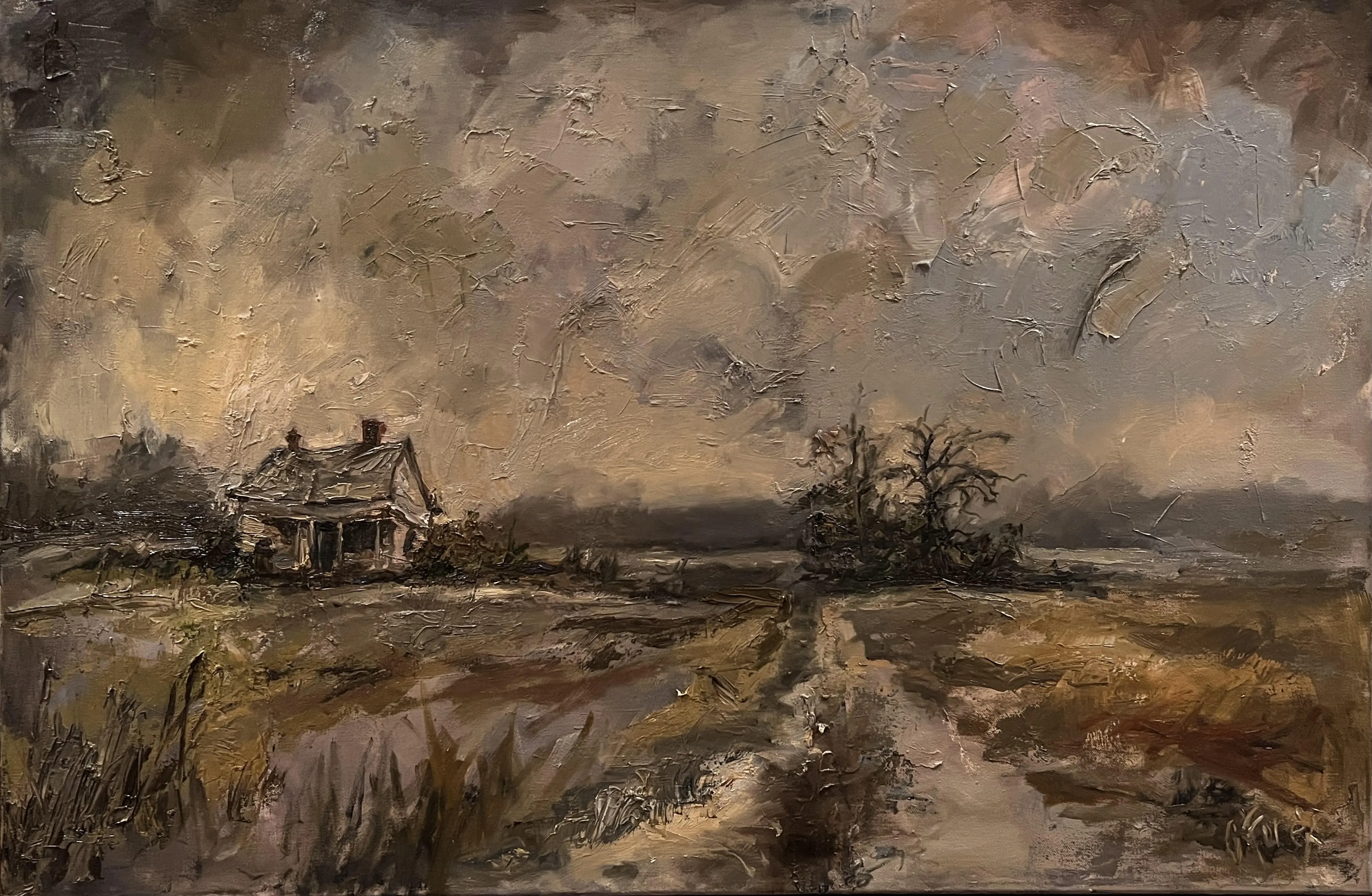 A painting of a house and field with dark clouds