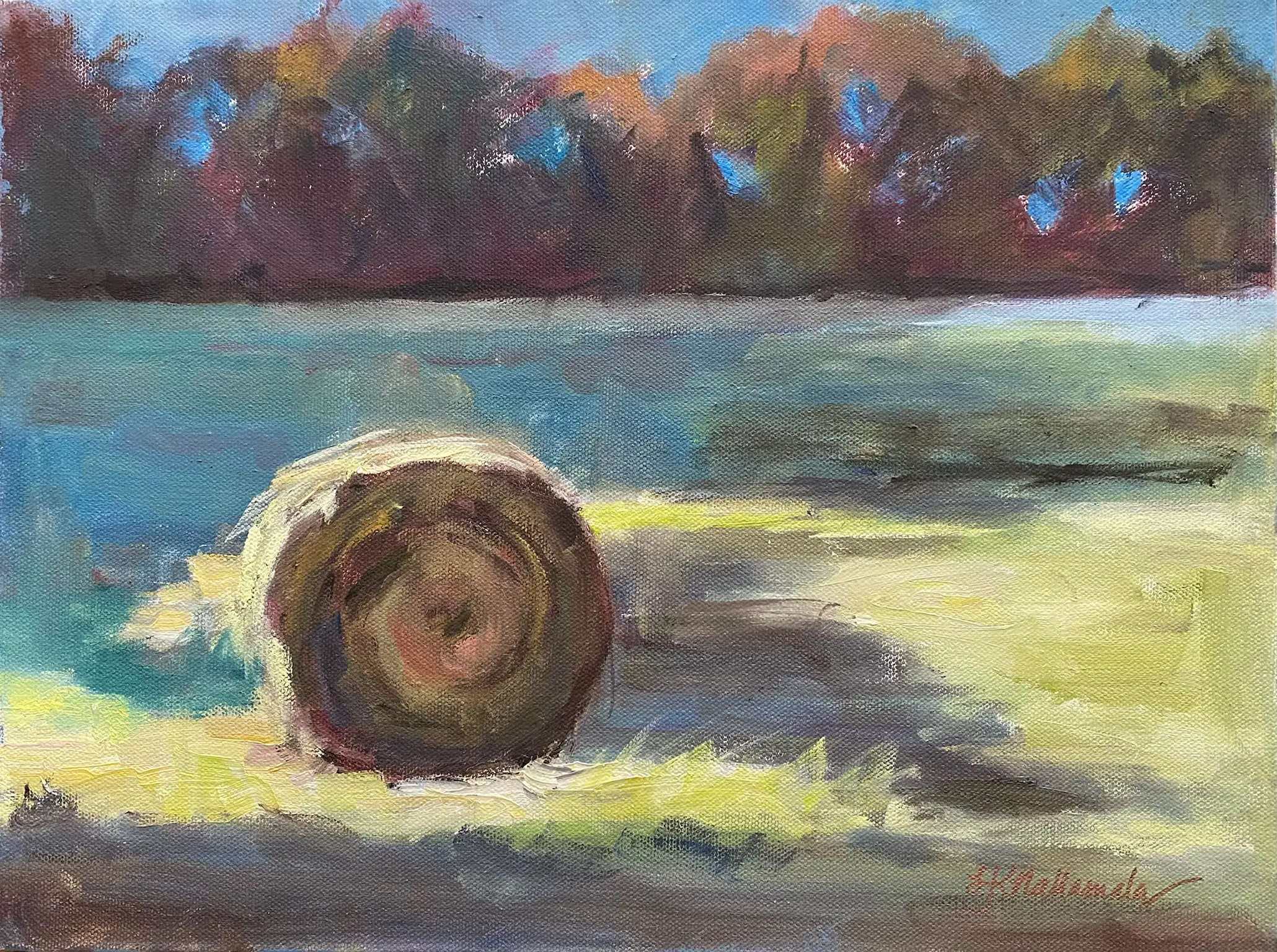 A painting of a hay bale in the middle of a field.