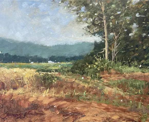 A painting of trees and grass in the foreground