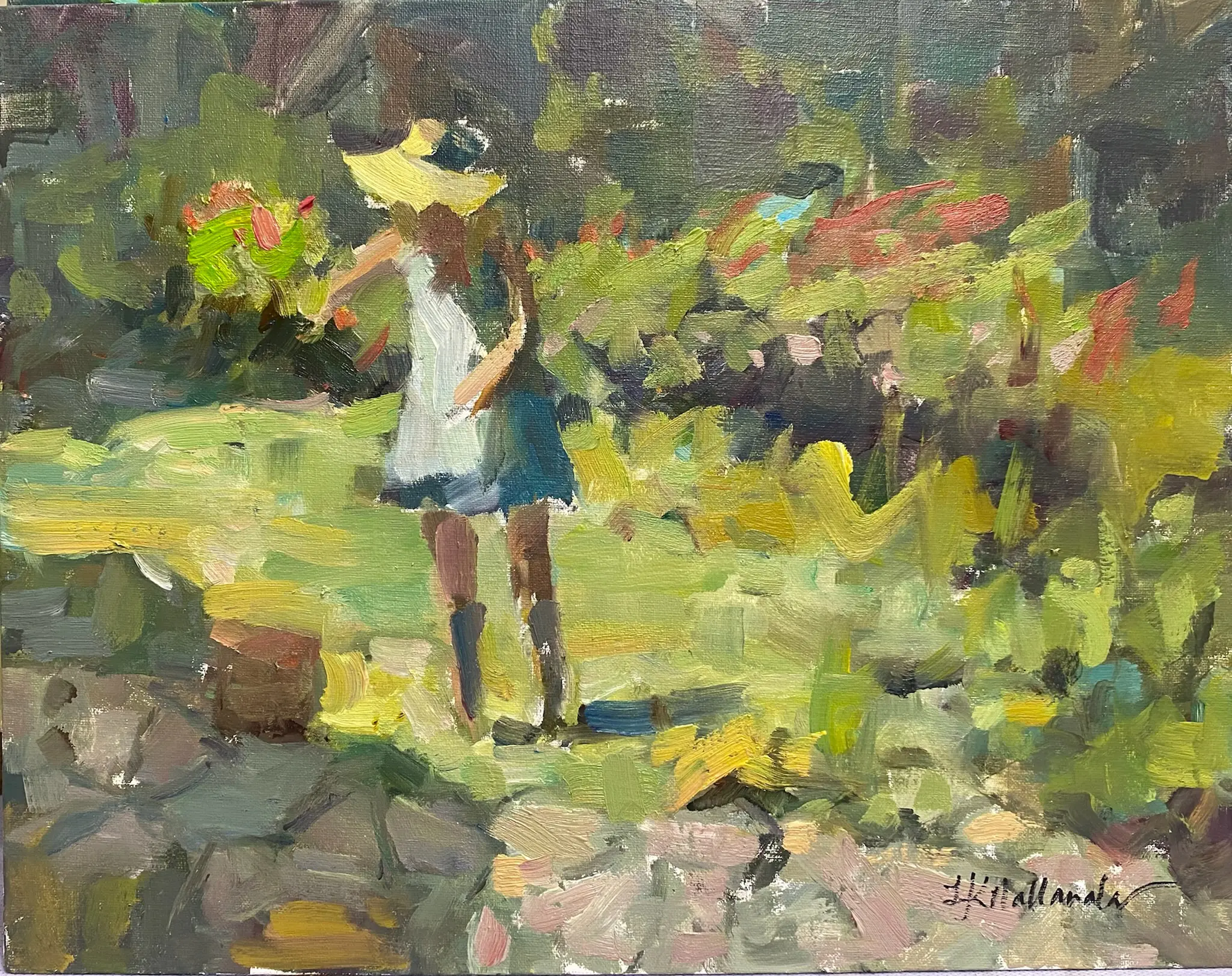 A painting of a girl in the grass