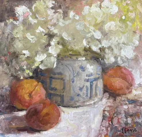 A painting of peaches and flowers in a vase