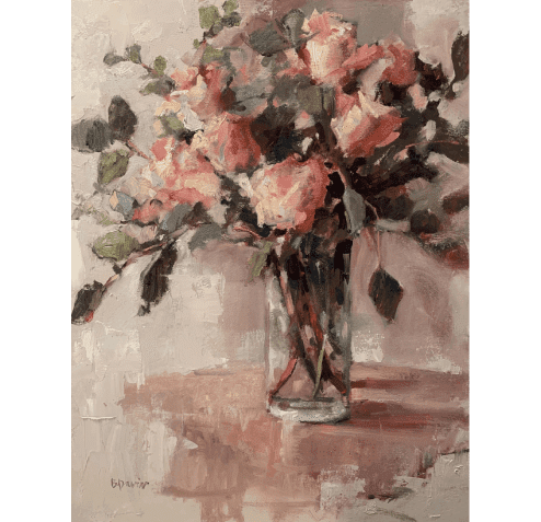 A painting of roses in a glass vase