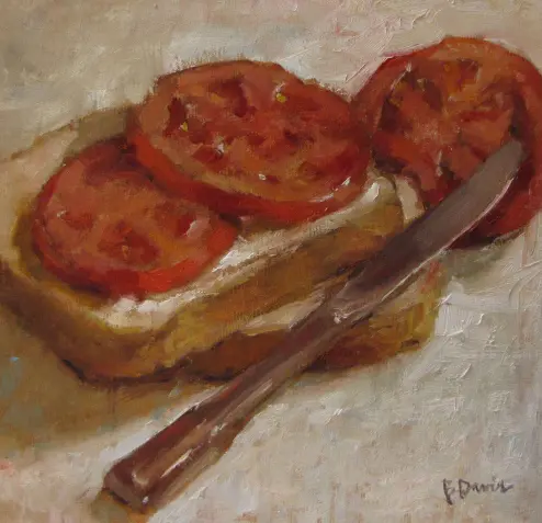 A painting of tomatoes on bread with knife