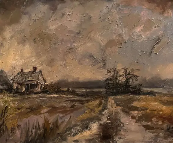 A painting of an old house in the middle of nowhere