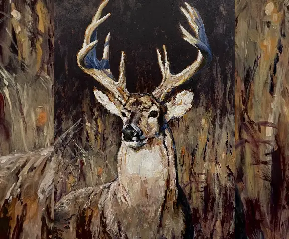 A painting of a deer with large antlers.