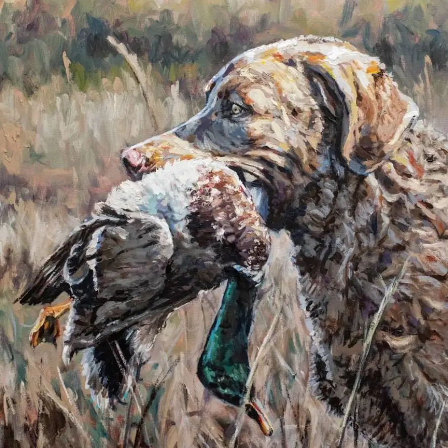 A painting of a dog holding a bird in its mouth.