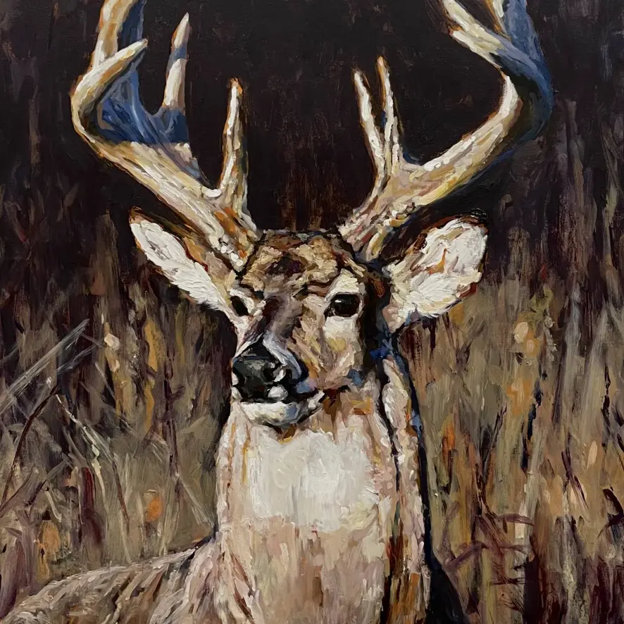 A painting of a deer with large antlers.