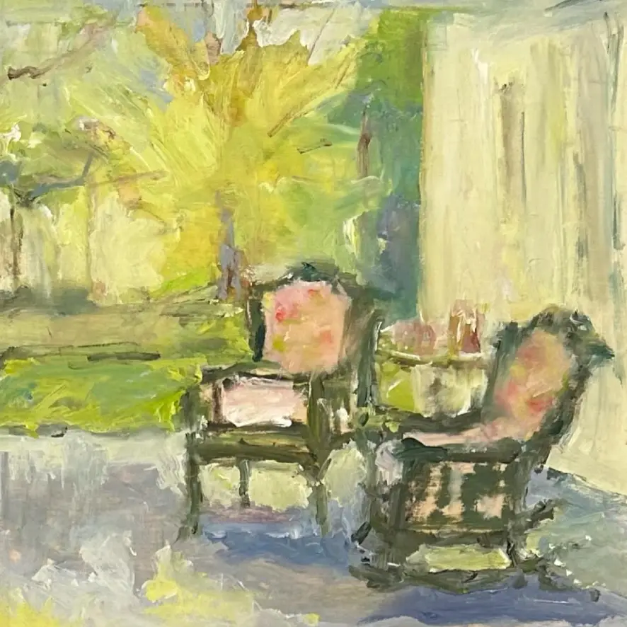 A painting of two chairs and a table