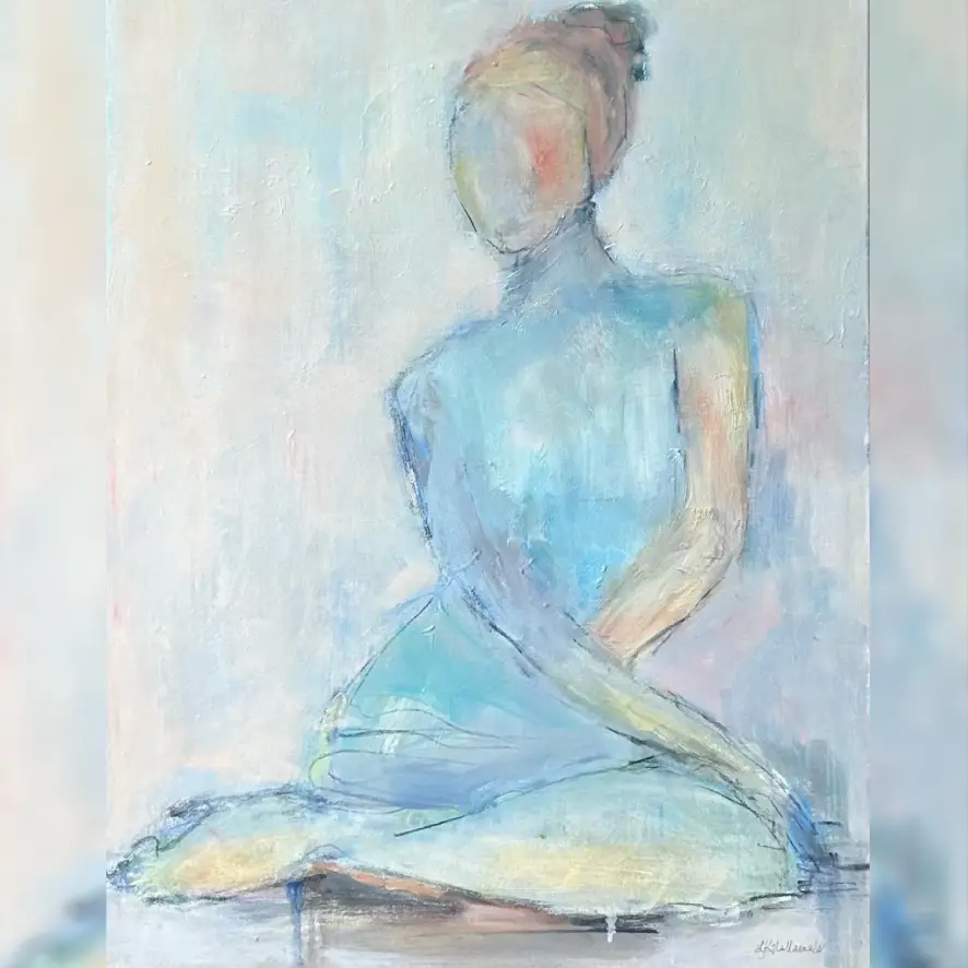 A painting of a woman sitting on the ground