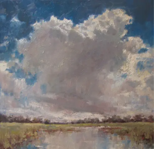 A painting of clouds in the sky over a body of water