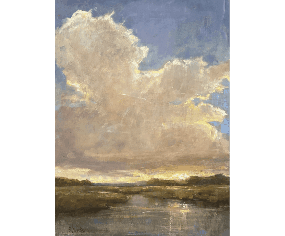 A painting of clouds in the sky over water.